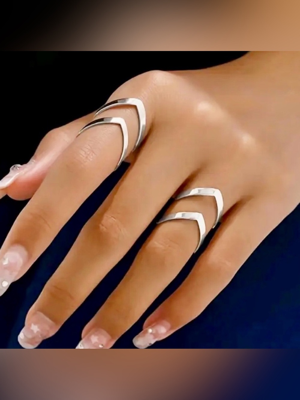 NEW Set of 2 Silver Chevron Adjustable Rings